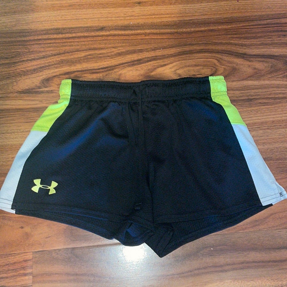 Adult small under armor shorts black neon yellow and white.